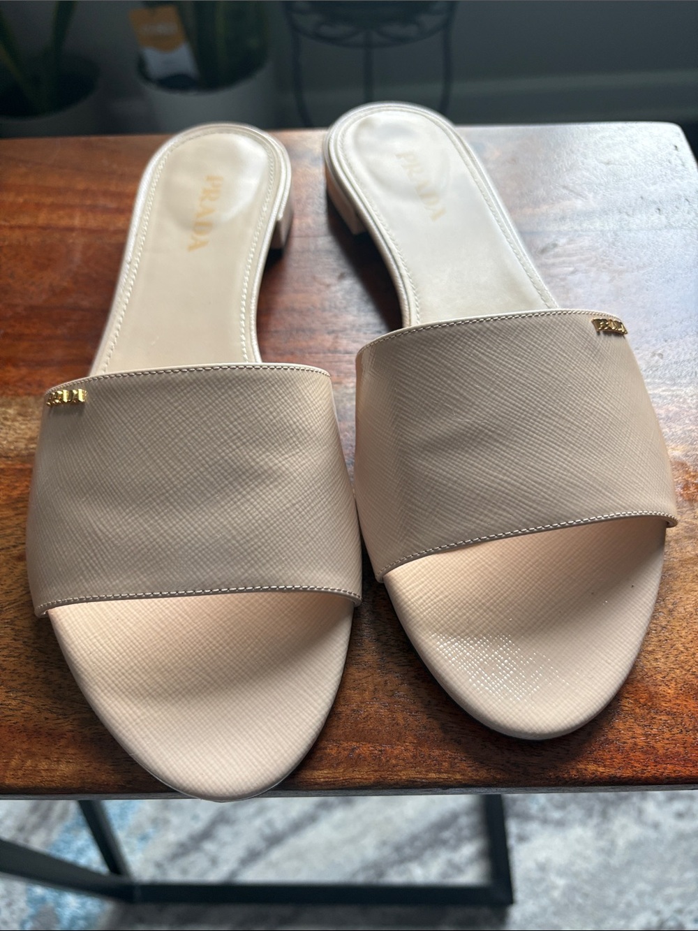 Prada Beige Cream Textured Slide Mules with Gold Logo